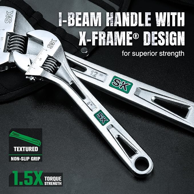 SK 8-Inch Adjustable Wrench, 1-1/4" Jaw Capacity, SAE&Metric Scales | X-Frame Handle, Precision Jaw, Heat Treated CR-V Steel, Chrome-Plated Rust Resistant Finish
