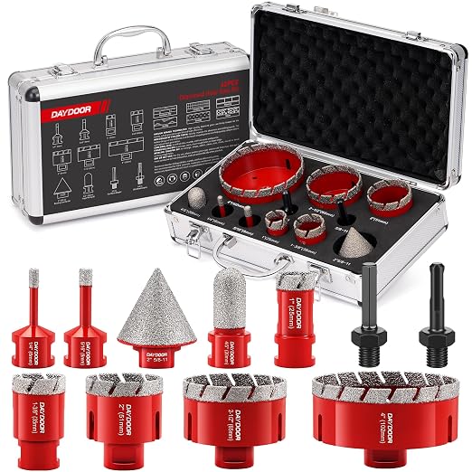 DAYDOOR Diamond Hole Saw Kit, 11-PieceTile Hole Saw Kit 1/4" 5/16" 4/5" 1" 1-3/8" 2" 2-1/2" 4",Vacuum Brazed Core Drill Bits for Porcelain Tile, Granite, Marble, Stone(Red)