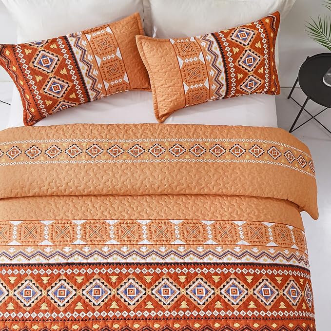 WONGS BEDDING 3 Pieces Quilt Set Queen Size, Burnt Orange/Rust Thanksgiving Quilt Bedspread Bohemian Coverlet Set with 2 Pillowcase, Fall Soft Thanksgiving Bedding Set for All Season 96"×90"