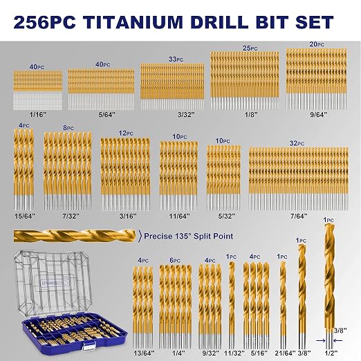 276pc Titanium Twist Drill Bit Set with S2 Bits 135° Tip High Speed Steel, Size from 1/16" up to 1/2", Ideal in Wood Cast Iron Aluminum Alloy Plastic Fiberglass, Clear Lid Case