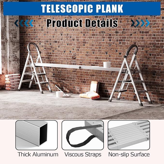 8-13ft Telescoping Plank, Aluminum Work Plank, 440 Lbs Load Capacity Extension Scaffolding Plank with Skid-Proof Platform Scaffold Ladder Accessory, 12.5 Inch Width, Silver