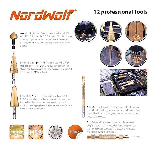 NordWolf 12-Piece HSS Titanium Metric Step, Countersink, Cone Drills with 1/4" Hex Shank, Multi Drill Saw & Automatic Center Punch Set in Storage Case