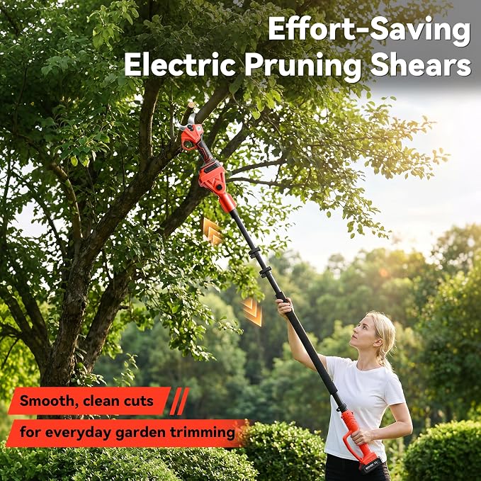 4-In-1 Electric Pruning Shears & Pole Saw Combo, 8 Inch Mini Chainsaw Cordless with 2×4.0 Ah Batteries, Extendable Tree Trimmer, 4 Modes Adjustable Branch Cutter for Garden Trimming (Red)