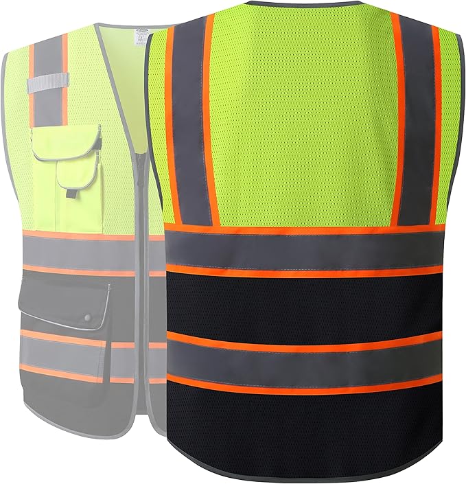 JKSafety 9 Pockets High Visibility Dual Color Zipper Front MESH Lite Safety Vest | Orange Color Triming Reflective Strip | ANSI/ISEA Standards (100-Yellow-Black, M)
