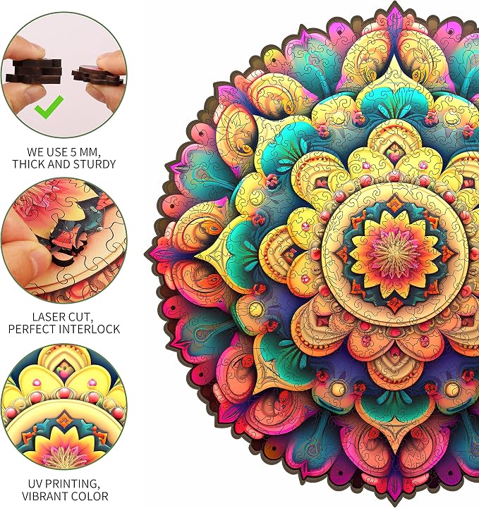 Mys Aurora Unique Wooden Jigsaw Puzzles - Flower Mandala, 500 Pcs King Size 16.5'' x 16.4'', Luxurious Shaped Wood Puzzle, Beautiful Package, Best Gift for Adults and Kids, Family Game