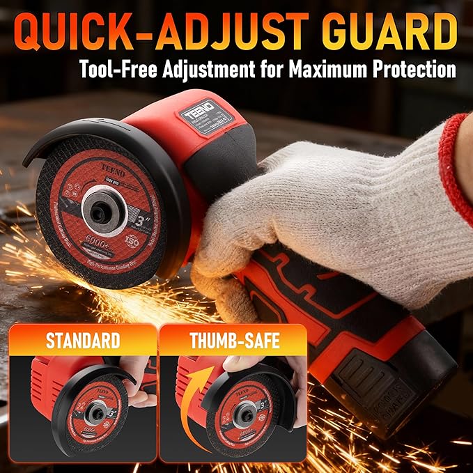 TEENO Cordless Angle Grinder Kit, 19,500 RPM Mini Electric Angle Grinding Tool with 2 pcs 16.8V 2000mAh Batteries and 6 Cutting Discs, 3-Inch Handheld Grinder for Metal/Wood Cutting and Grinding