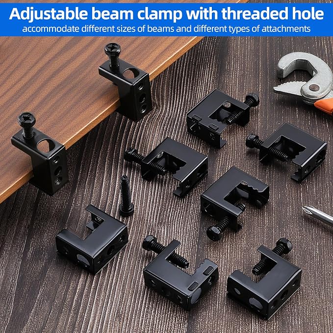 100pcs Spring Steel Beam Clamps 1/4"-20 Metal Beam Hangers Bolt on Clamp for 1/4" and 3/8" Threaded Rod, S-hooks and Bridle Rings, Black