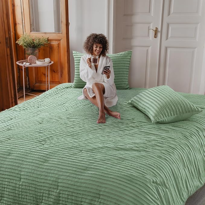 HOMBYS Oversized King Boho Comforter Set 120x120, Sage Green Tufted Jacquard Geometry Bedding Comforter for King Bed, Shabby Chic Bed Sets with 2 Matching Pillow Cases