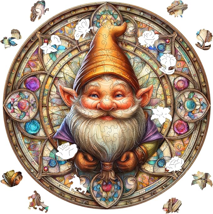 Pikoqunc Wooden Jigsaw Puzzles for Adults, 200 Piece Gnome Puzzle Round Wood Jigsaw with Unique Shapes, Fantasy Stained Glass Elf Jigsaw, Vintage Wood Puzzles, Gifts Home Deco 11.2x11.2 in