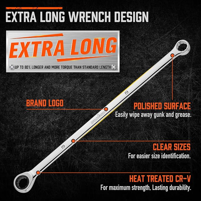 HORUSDY Extra Long Ratcheting Wrench Set, 8-22MM Double Box End, 9-Piece Metric CR-V Steel, with EVA Foam Tool Organizer