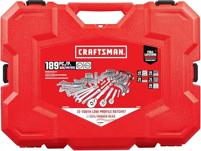 CRAFTSMAN Mechanic Tool Set 189 Pcs, 1/4, 3/8, 1/2 Socket Set with 72 Tooth Low Profile Ratchet, Steel 6 and 12 point Sockets, Wrenches, Hex Keys, Deep Sockets, Bits, Metric and SAE (CMMT12134)