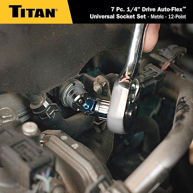 Titan 66840 7-Piece 1/4-Inch Drive Metric Auto Flex Universal Socket Set, 12-Point, 6mm to 13mm