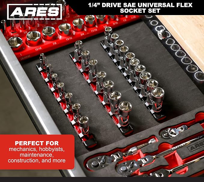 ARES 39014 7-Piece 1/4-Inch Drive SAE Universal Flex Socket Set | 6-Point Sockets from 3/16-Inch to 9/16-Inch; Universal Joint Flex Design For 360 Degree Access