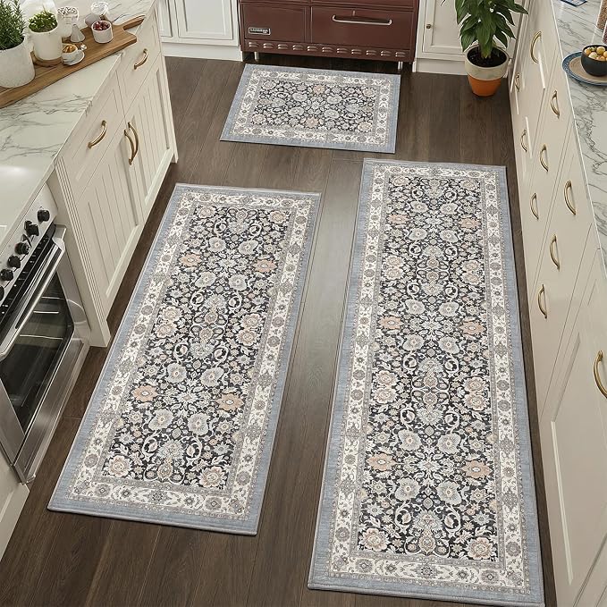 Color&Geometry Vintage Kitchen Rugs Sets of 3, Machine Washable 4mm Ultra Thin Stain Resistant Kitchen Floor Mats, Non Slip TPE Backing Runner for Sink,Hallway,Laundry,Entryway (2x3+2x5+2x7)