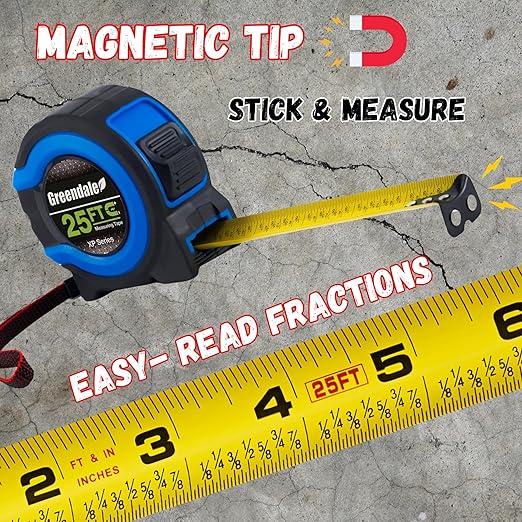 Greendale – 6 Pack Tape Measures 25 ft – Easy-Read Fractions, Magnetic Tip, Quick-Lock & Auto-Retract – Heavy-Duty Measuring Tape with Belt Clip – Blue