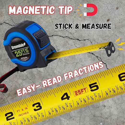 Greendale – 3 Pack Tape Measures 25 ft – Easy-Read Fractions, Magnetic Tip, Quick-Lock & Auto-Retract – Heavy-Duty Measuring Tape with Belt Clip – Blue