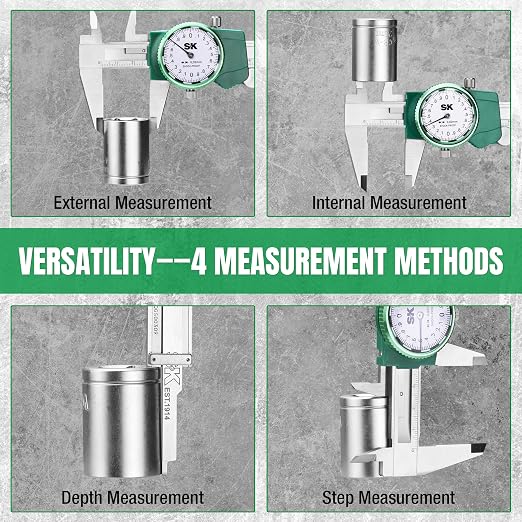 SK Metric Dial Caliper, 150mm Caliper Measuring Tool with Shock-Proof Design, 4 Measurement Methods Stainless Steel Calipers, ±0.03mm Accuracy