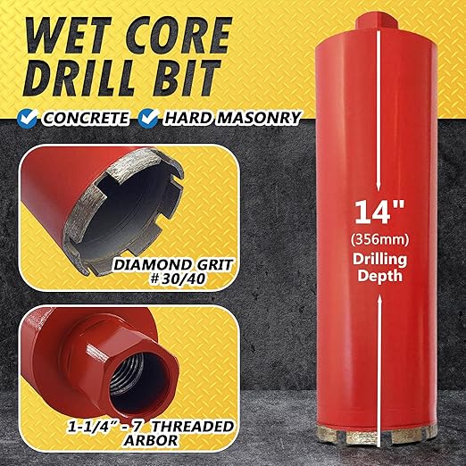 4" Wet Drill Core Bits for Concrete and Hard Masonry, 10mm Segment Height, 14" Drilling Depth, 1-1/4"-7 Arbor, Wet Only