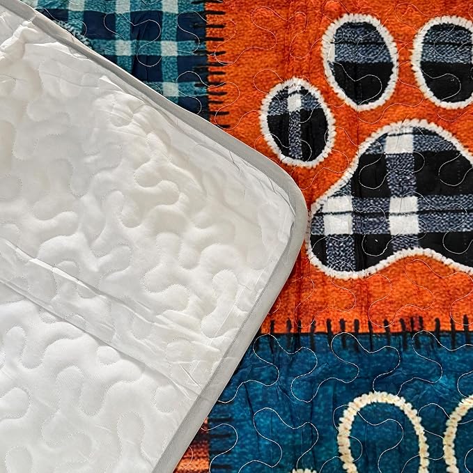 Patchwork Quilt Set Queen Size, Blue Brown Dog Paw Bedspread, Soft Lightweight Microfiber Bedding Set, Farmhouse Rustic Coverlet, All Season 3 Piece (Dog Paw, Queen)