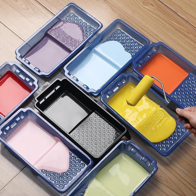 Bates- 4 Inch Paint Tray Set, 12 pcs, Black & Blue, 1x 4 Inch Paint Roller Tray, 10x Disposable Plastic Liners & 1x Roller Frame