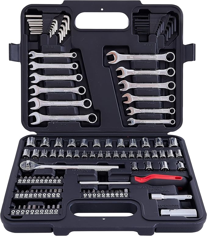 MECHMAX 121-Piece Mechanics Tool Set, 1/4 & 3/8-Inch Drive | Metric and standard SAE socket wrench kit. General automotive repair hand tool set for car mechanics and garage DIY