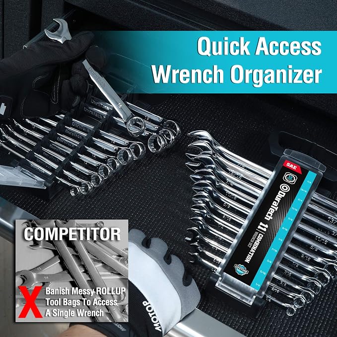 DURATECH Combination Wrench Set, SAE & Metric, 22-piece, 1/4-7/8" & 8-19mm | CR-V Steel, Organized in Wrench Holder