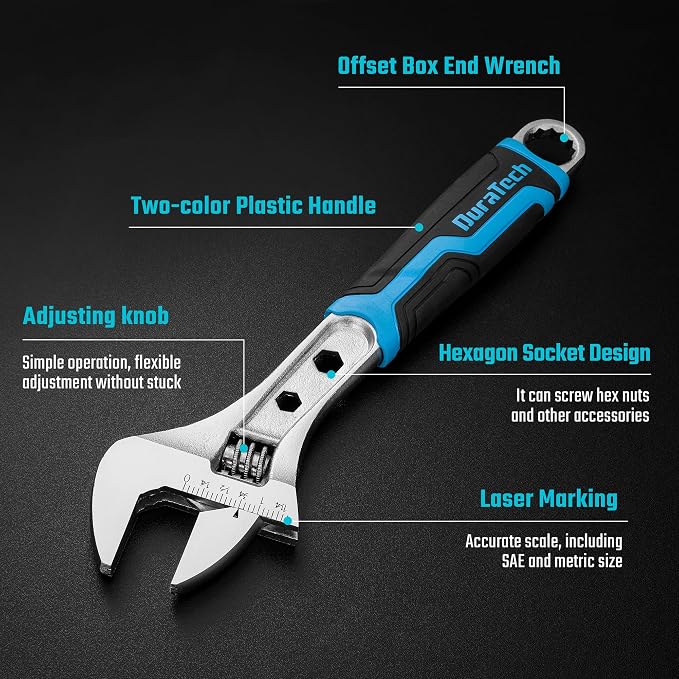 DURATECH 10 Inch Adjustable Wrench, 3-in-1 Spanner | Box End, Hex Function, CR-V Steel, Metric & SAE Scales, Chrome-plated, Bi-material Soft Grip