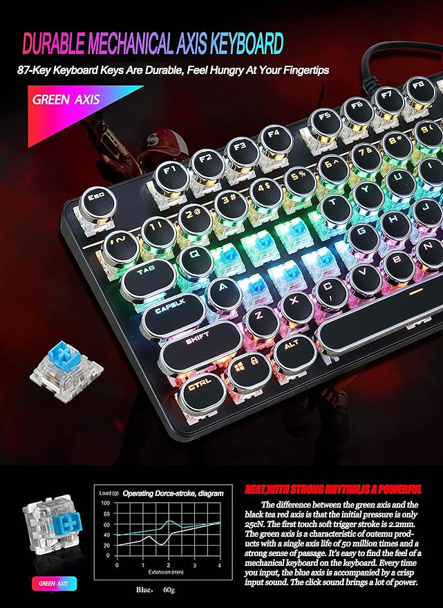 YSCP Typewriter Style Mechanical Gaming Keyboard Rainbow Backlit Wired with Blue Switch Retro Round Keycap 104 Keys Keyboard (L-Black)