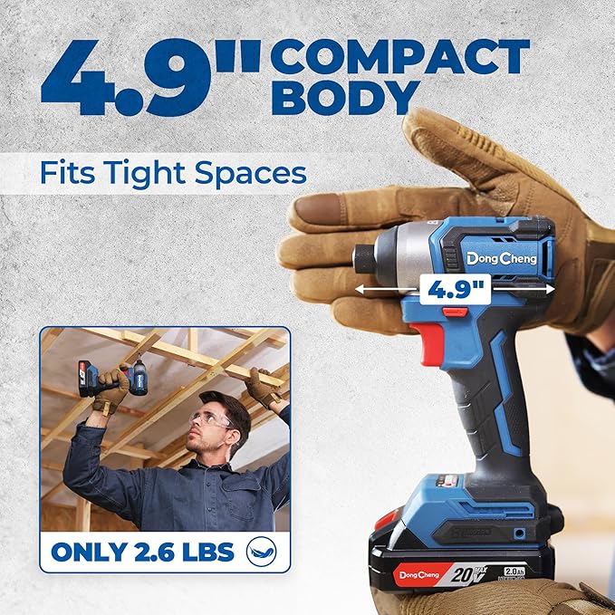 Dong Cheng 20V 1/4" Hex Brushless Impact Driver, 1460 in-lbs Cordless Impact Driver with 2.0Ah Batteries, 3-Speed, 4.9" Compact Impact Driver for Cabinetry, Deck Building & HVAC Installation