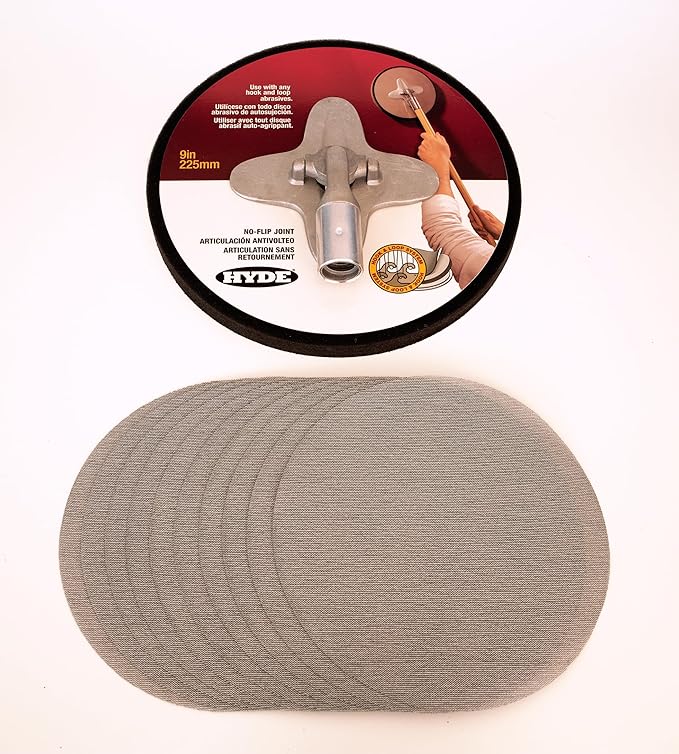 Hyde 09801 9-Inch Radial Sander Kit, Includes (1) 120-Grit Sanding Sheet + (10) 120-Grit Sanding Discs – Drywall Sanding Tool with Pivoting Head