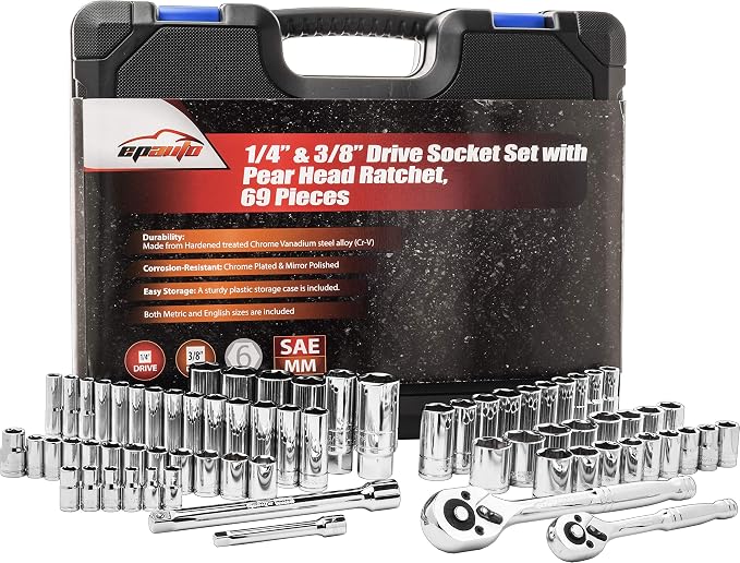 EPAuto 69 Pieces 1/4-Inch & 3/8-Inch Drive Socket Set, Pear Head Ratchet | Chrome (92-824)