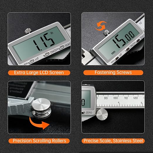 HARDELL Digital Caliper 8"/200mm, Rechargeable Stainless Steel Micrometer, Large LCD Inch/MM/Fraction, Auto-Off, Electronic Measuring Tool for Machinist Woodworking 3D Printing DIY Household