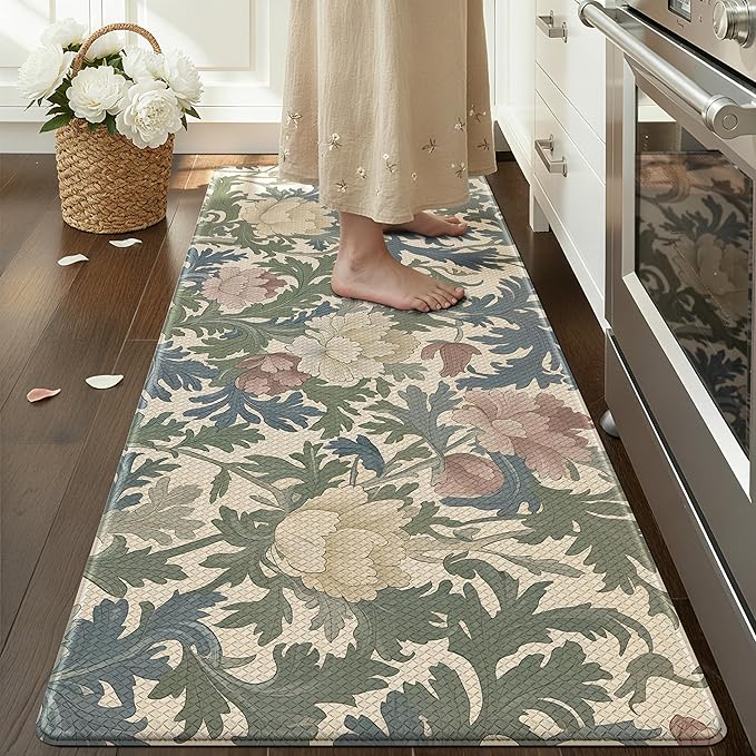 Color&Geometry Floral Kitchen Mat 24"x59", Anti Fatigue Mats for Kitchen Floor, Kitchen Rugs Non Slip, Waterproof & Oil Proof Kitchen Runner for Standing Desk Office, Sink - Beige
