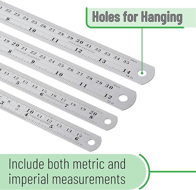 Mr. Pen- Metal Straight Edge Ruler, 6 pcs, 6", 8", 10", 12", 14", 16", Stainless Steel Ruler Set, Imperial & Metric Measurements for Drawing, Home, Office, Engineering