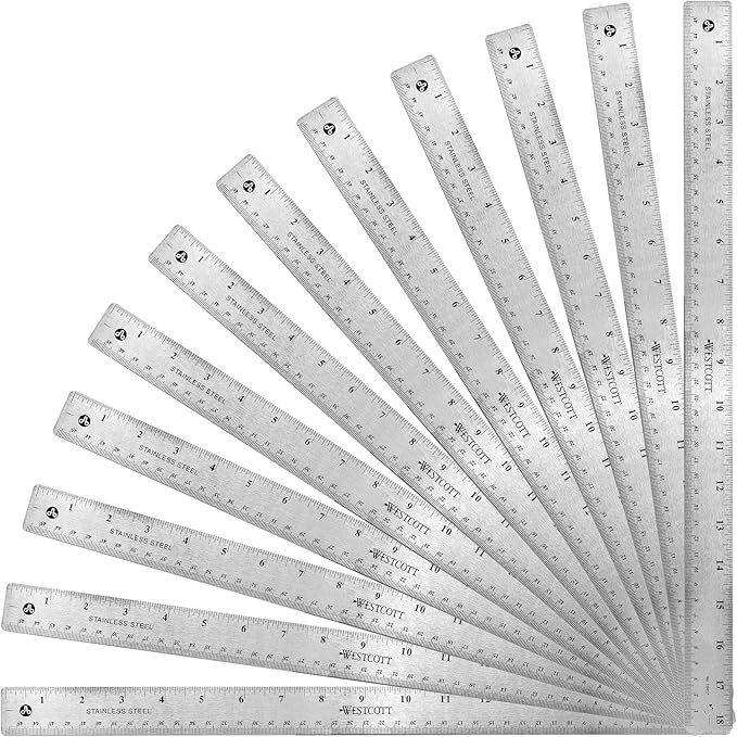 Westcott 18-Inch Stainless Steel Ruler Set with Non-Slip Cork Back, Etched Markings, 12-Pack (10417)