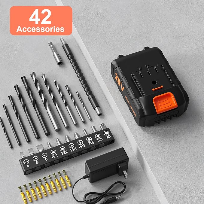 Cordless Drill Set, VIWKO 20V Power Drill with Power Pack 2.0Ah and Charger, 3/8-Inch Keyless Chuck Electric drill, 25+1 Position, 42pcs Drilldriver Bits/Screws for DIY Projects (Orange)