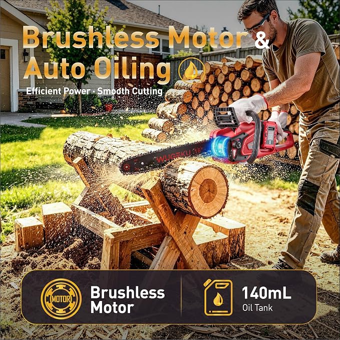 16-Inch 40V Brushless Chainsaw, Fits Makita 18V LXT Batteries | 2×4.0Ah Batteries & Charger, 69 ft/s Cutting, Auto Oiler, Safety Lock, Gloves & Goggles for Pruning, Yard Cleanup & Firewood