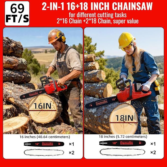 36V(18V*2) 16"+18" 2-IN-1 Brushless Chainsaw Cordless, Electric Powered Chainsaw Compatible with Milwaukee M18 Battery, with Auto Oiler & Safety Lock Brake, for Tree Trimming Branch Wood(ONLY TOOL)