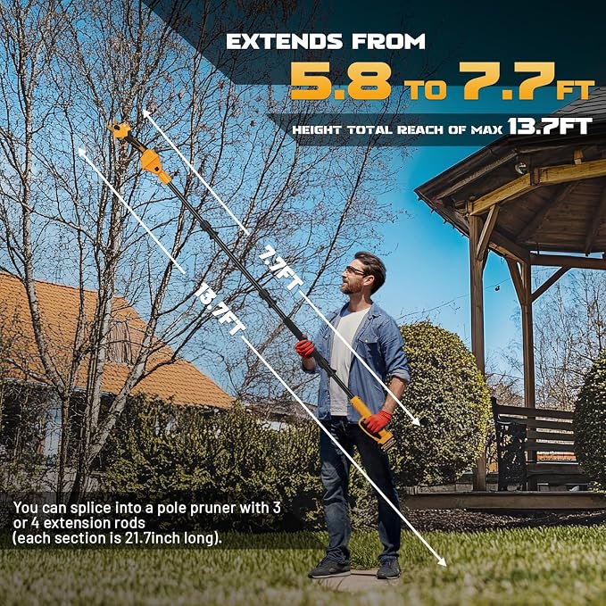 Takuoo 2-in-1 Pole Pruning Shears Cordless, 1.6" Cutting Diameter Electric Pruning Shears with Extension Pole, 21V 2×4.0Ah Battery Powered Pruner, 13.7FT Reach Power Pole Pruner for Tree Trimming