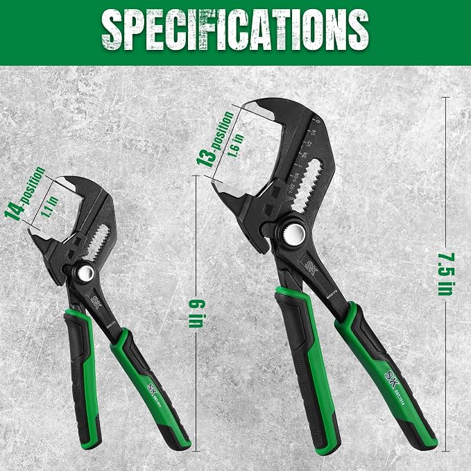 SK Pliers Wrench Set, Adjustable Parallel Smooth Jaw, 6-Inch & 7.5-Inch | 2-Piece Water Pump Pliers, Groove Joint Pliers, Premium CR-V Steel, Ergonomic Anti-slip Handle, with Pocket Tool Pouch