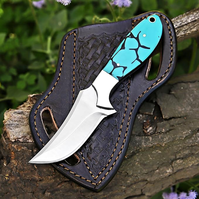 Custom Handmade 7'' fixed blade hoof rasp knife Cow boy knife Turquoise Handle Damascus steel Bull cutter, cowboy knives with pancake leather sheath (BLUE RESIN)