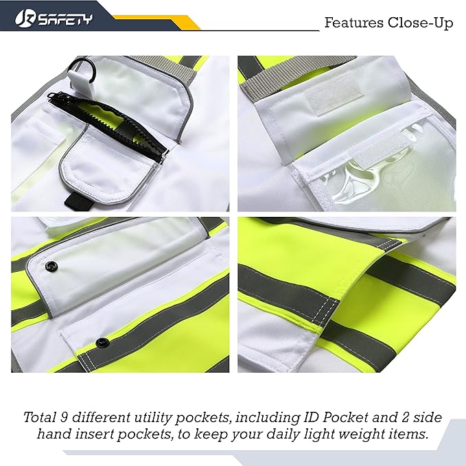 JKSafety 9 Pockets High Visibility Zipper Front Safety Vest | White with Dual Tone High Reflective Strips | Meets ANSI/ISEA Standards (901-White, XX-Large)