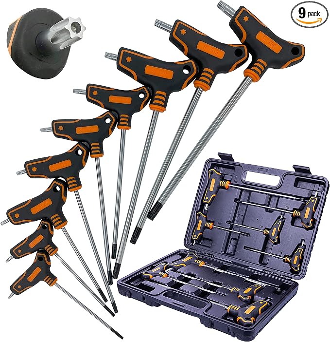 NordWolf 9-Piece T-Handle Torx Wrench Set, S2 Steel Long Arm Security Star Keys, Sizes T10 to T50 in Storage Box
