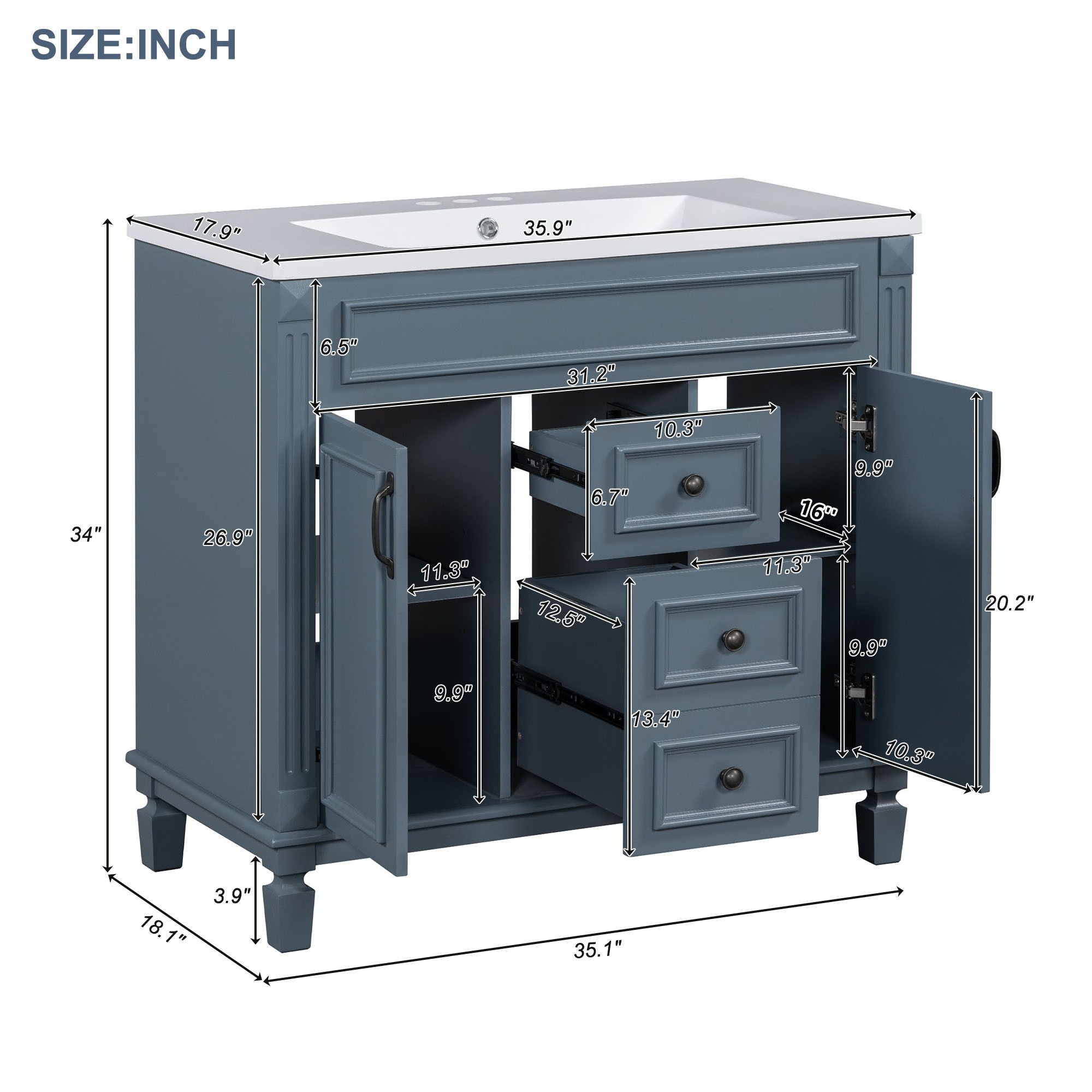 Bathroom Vanity With Top Sink, Mirror Cabinet, 2 Soft Closing Doors & 2 Drawers