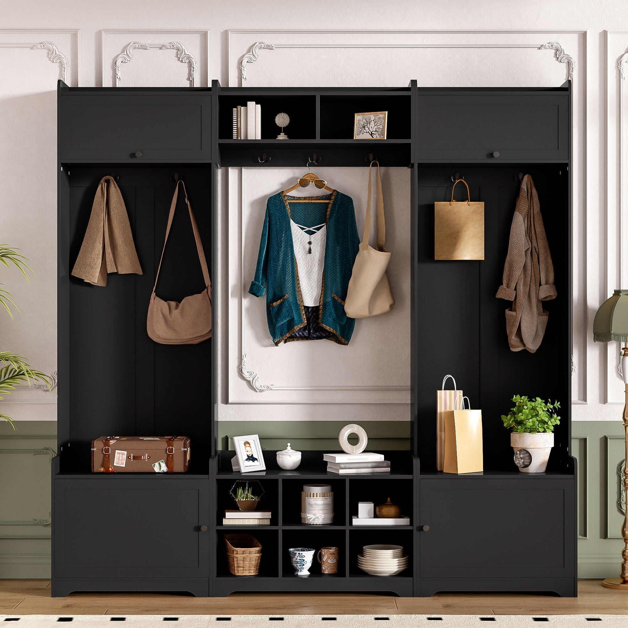 Wide Hall Tree With Shoe Storage, 4 In 1 Entryway Bench