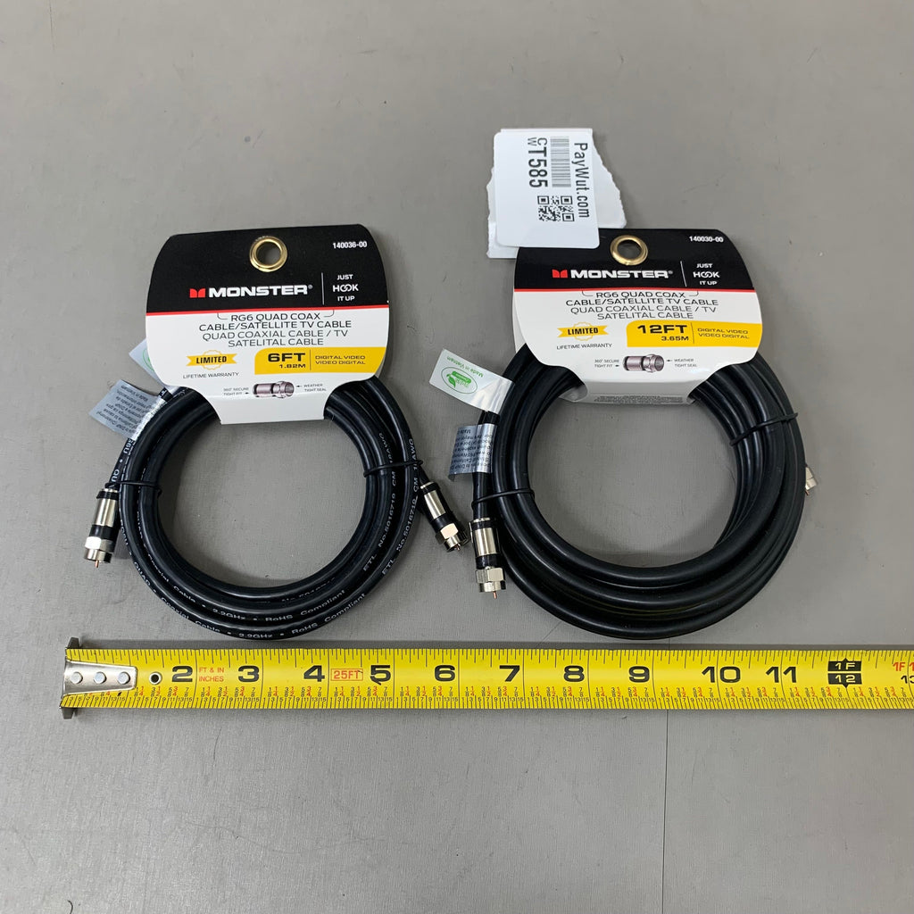 MONSTER (2Pack) RG6 Quad Coax Satellite Tv Cables 6ft, 12ft Black 140036-00,140030-00