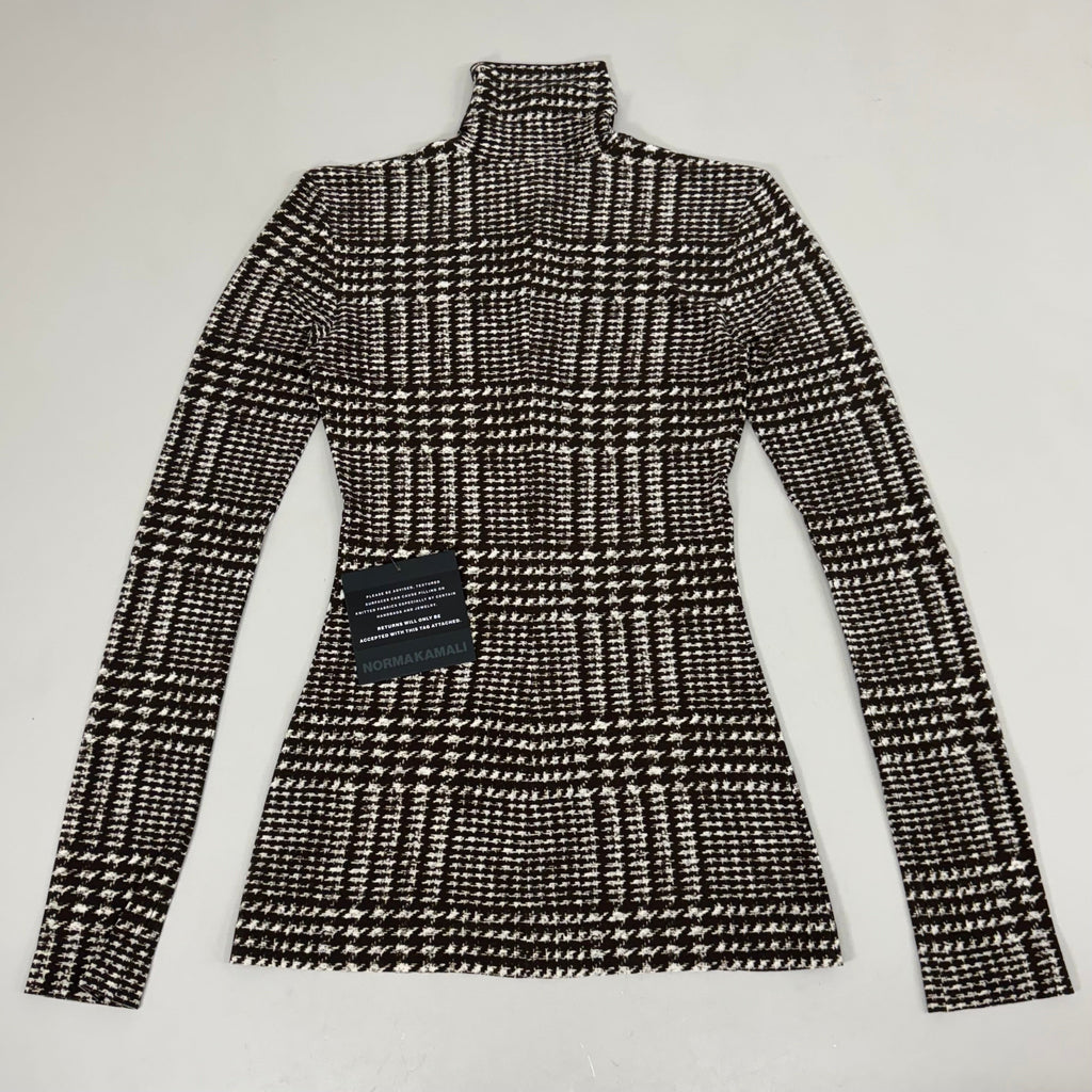 NORMA KAMALI Front Zip Slim Fit Turtle Top Women's Sz XXS/32 Chocolate Plaid Tweed