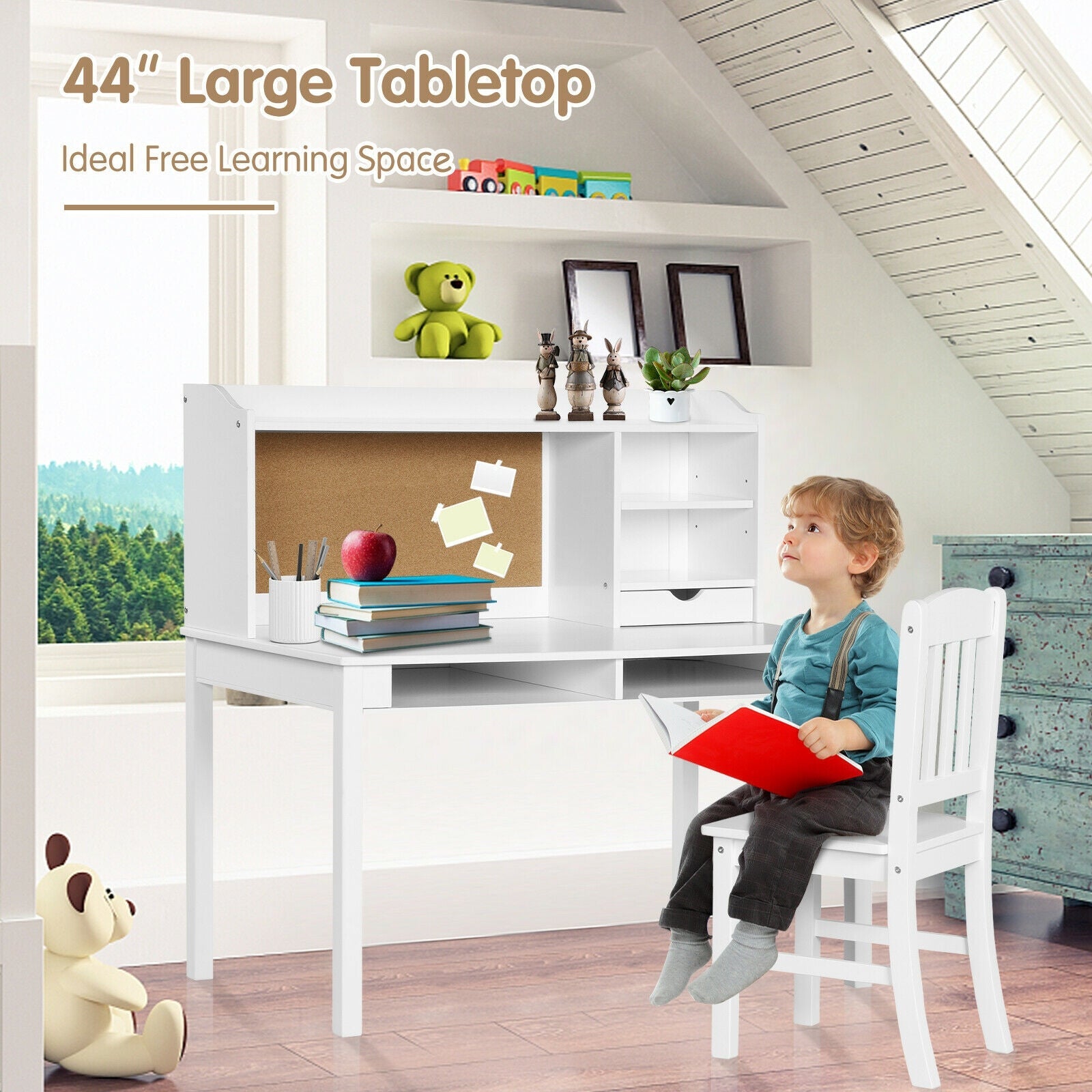 Kids Desk and Chair Set Study Writing Desk with Hutch and Bookshelves