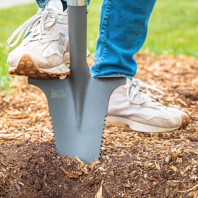 Root Slayer 22411 Mini Digger Garden Shovel with Serrated Blade for Digging and Root Cutting, Steel Spade, Red