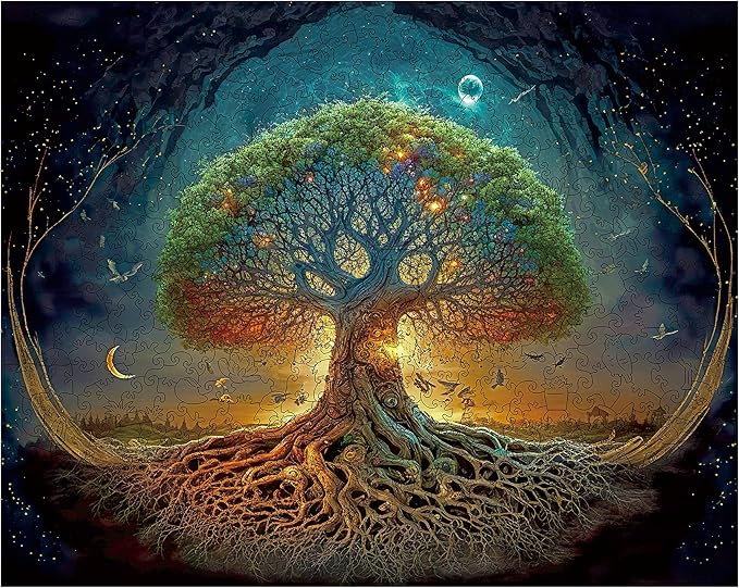 Mys Aurora Tree of Life Wooden Jigsaw Puzzles | Unique 200 Pcs Medium Size 9.6'' x 11.8'' Luxurious Shaped Wood Puzzle, Beautiful Package